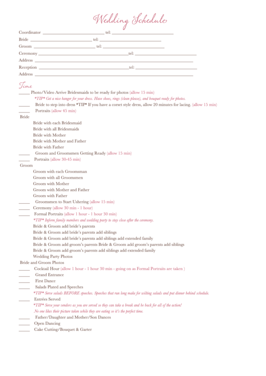 Wedding Schedule Printable pdf