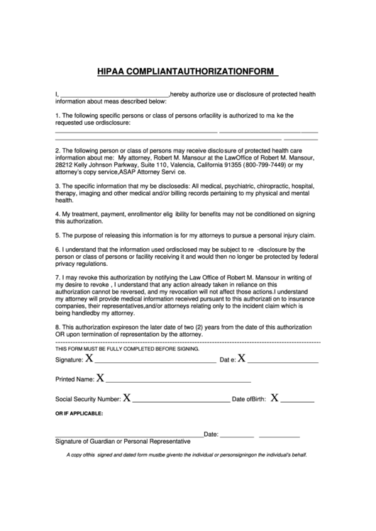 Hipaa Compliant Authorization Form Printable pdf