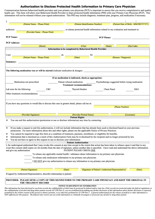 Hipaa Authorization To Disclose Protected Health Information To Primary Care Physician Printable pdf