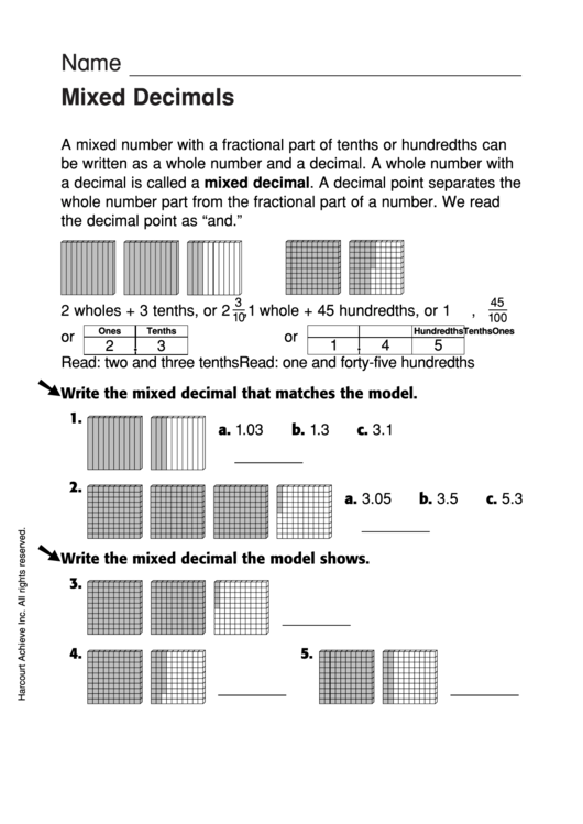 Mixed Decimals Worksheet Printable pdf