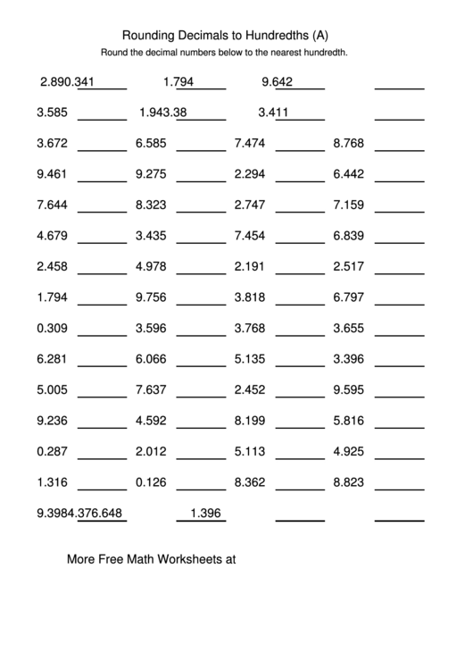Rounding Decimals To Hundredths (A) Worksheet Printable pdf
