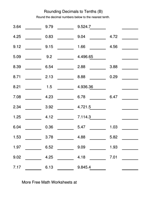 Rounding Decimals To Tenths (B) Worksheet Printable pdf