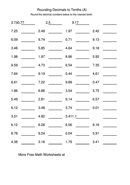 Rounding Decimals To Tenths (A) Worksheet Printable pdf