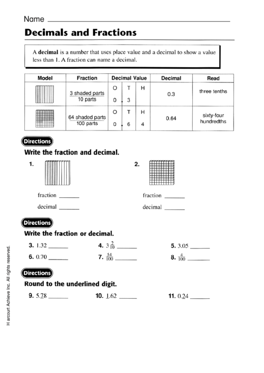 Decimal And Fractions Worksheet With Answer Key Printable pdf