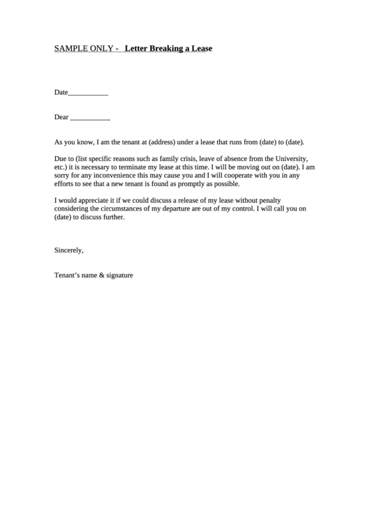 Sample Only - Letter Breaking A Lease Printable pdf