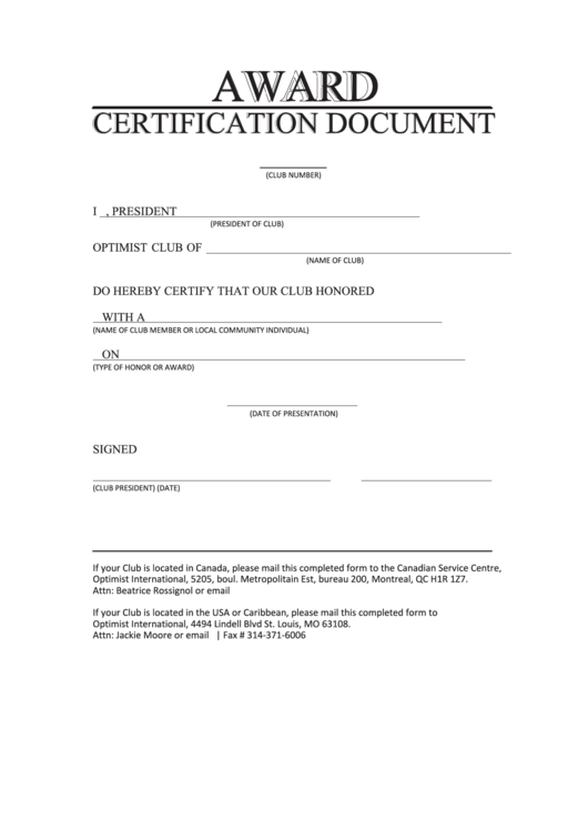 Award Certification Document Printable pdf