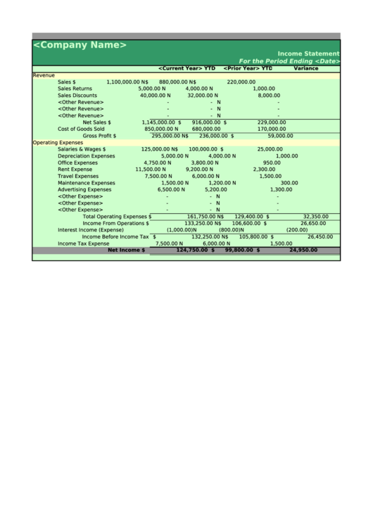 Income Statement Template (Sample) Printable pdf