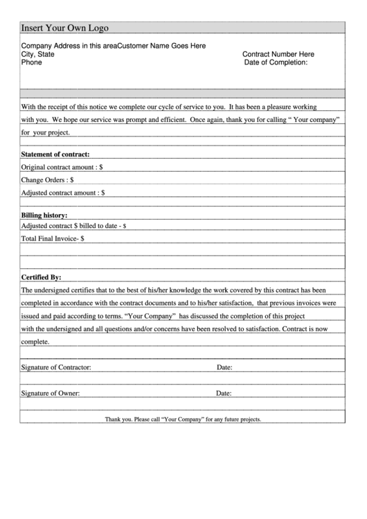 Contract Completion Form Printable pdf