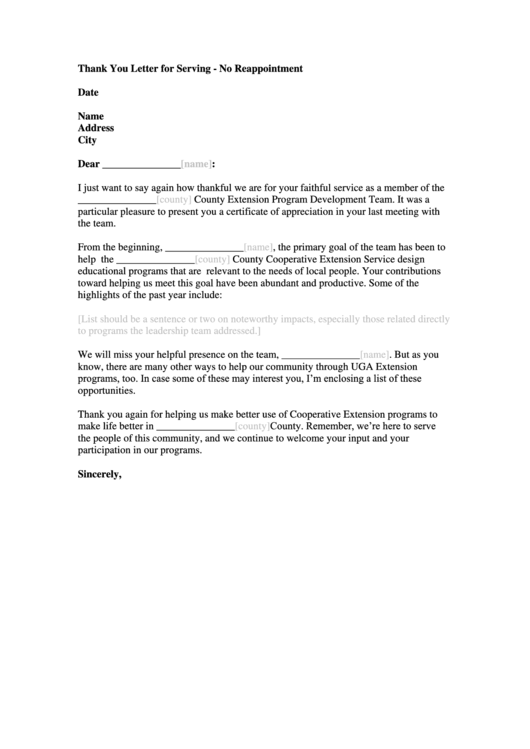 Thank You Letter For Serving On Team Printable pdf