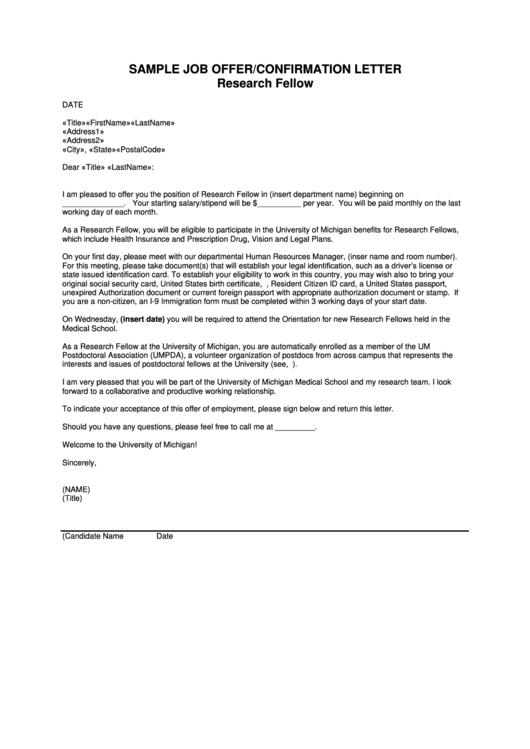 Sample Job Offer Confirmation Letter Research Fellow Printable pdf