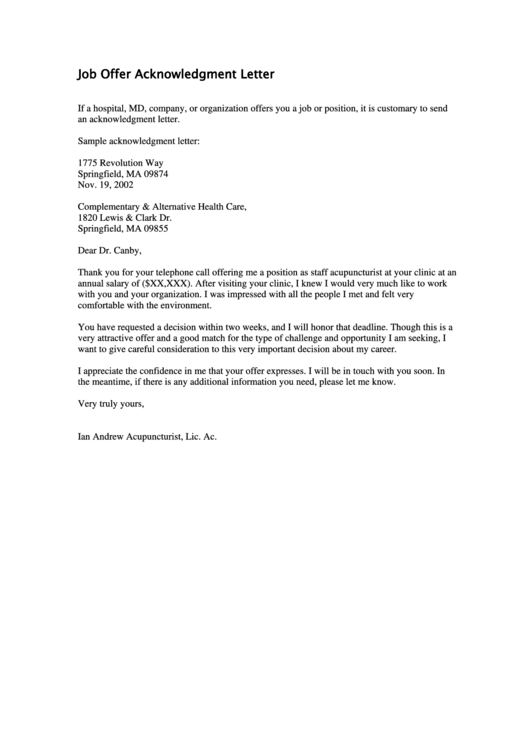 Job Offer Acknowledgment Letter Printable pdf