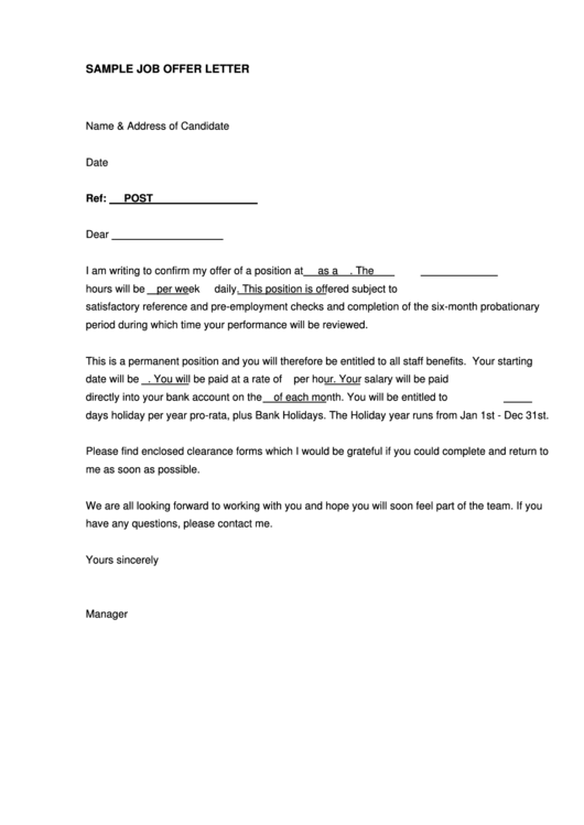Sample Job Offer Letter Template Printable pdf