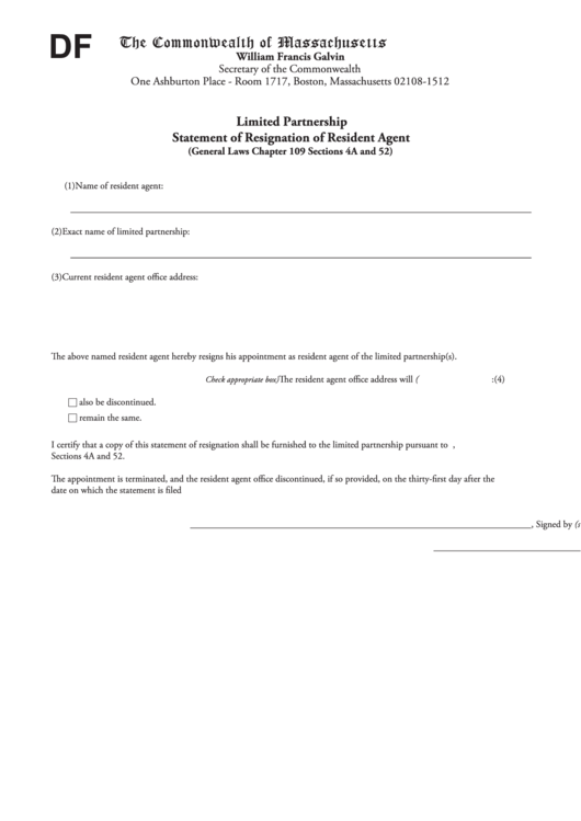 Fillable Limited Partnership Statement Of Resignation Of Resident Agent - Commonwealth Of Massachusetts Printable pdf