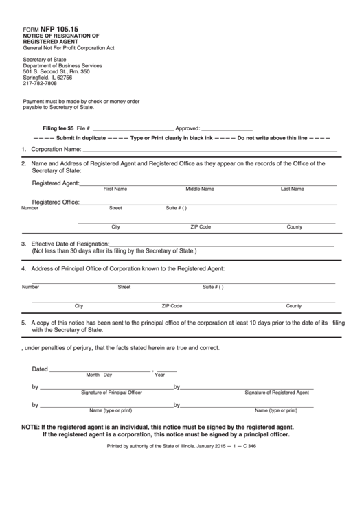 Fillable Form Nfp 105.15 - Notice Of Resignation Of Registered Agent Printable pdf