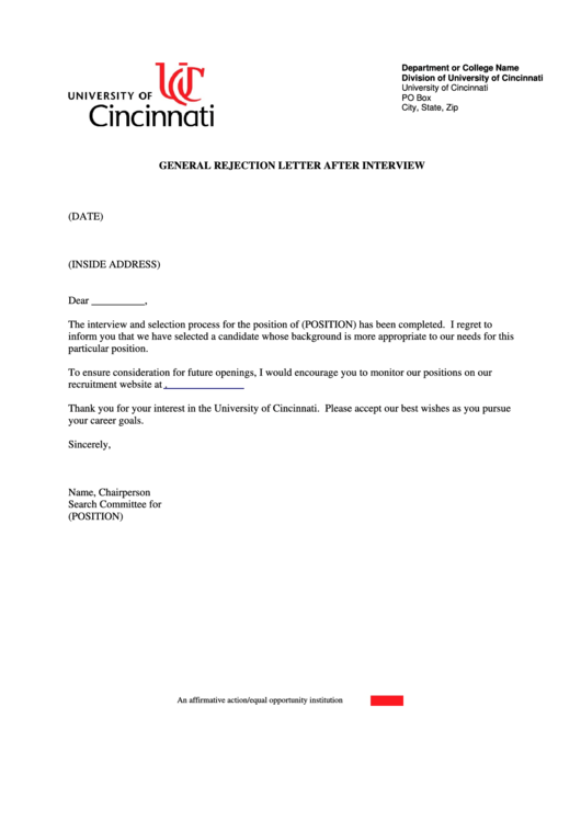 General Rejection Letter After Interview Printable pdf