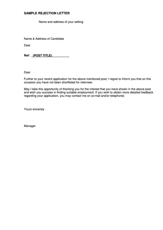 Sample Rejection Letter Template Printable pdf