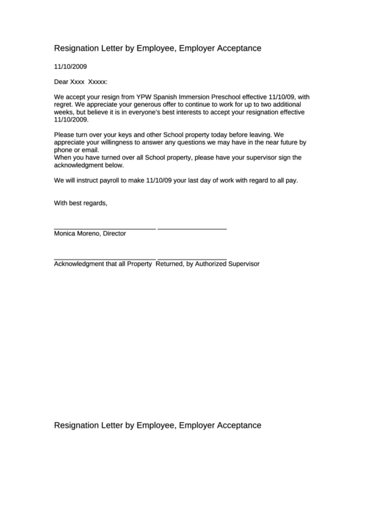 Resignation Letter By Employee Employer Acceptance Printable pdf