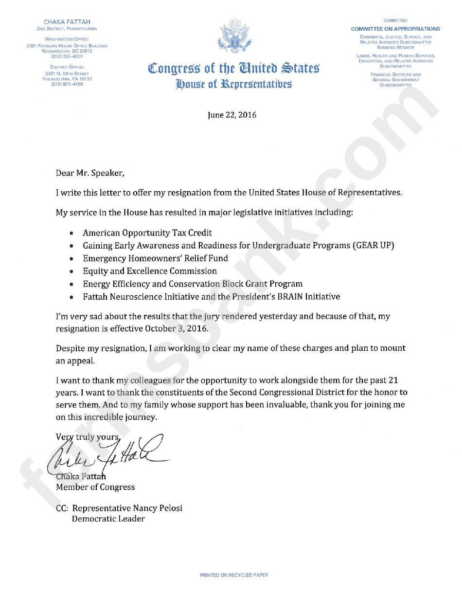 Congress Resignation Letter Sample