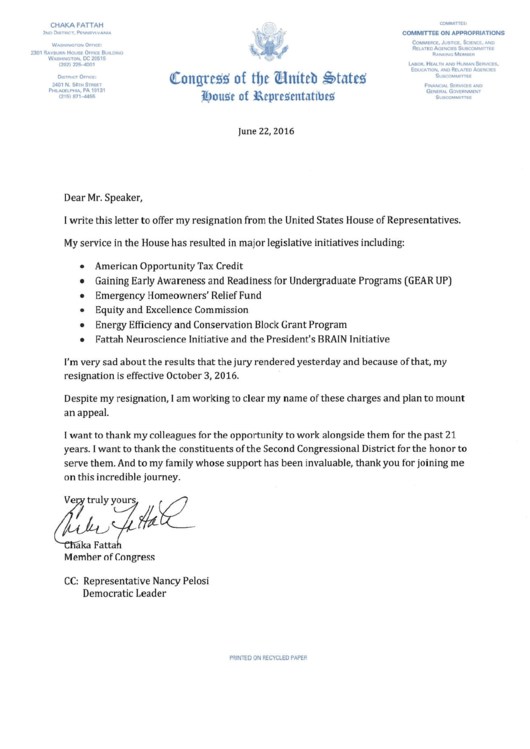 Congress Resignation Letter Sample Printable pdf