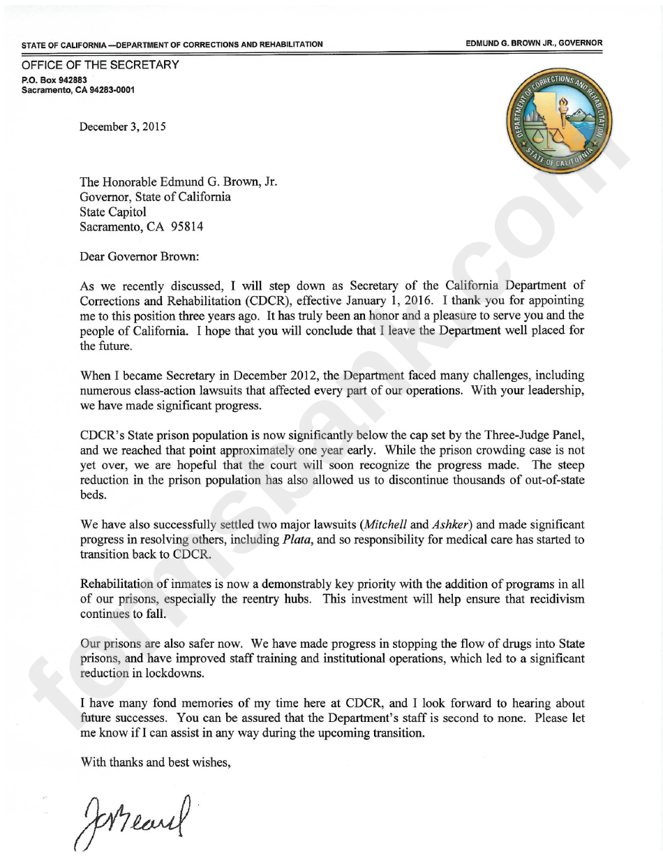 Secretary Of State Resignation Letter Sample