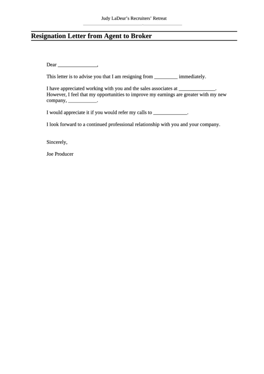 Resignation Letter Template From Agent To Broker Printable Pdf Download