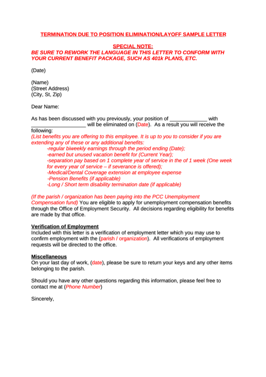 Termination Due To Position Elimination Layoff Sample Letter Printable pdf