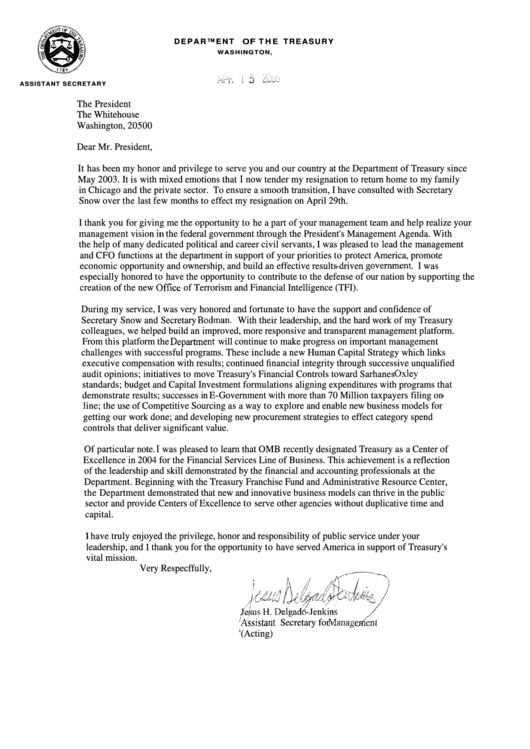 Treasury Resignation Letter Printable pdf