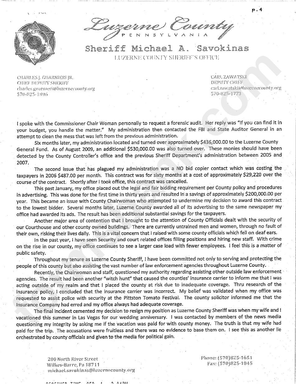 Sheriff Resignation Letter Sample