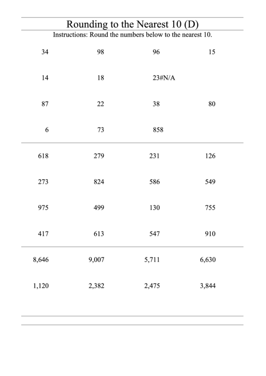 Rounding To The Nearest 10 (d) Worksheet