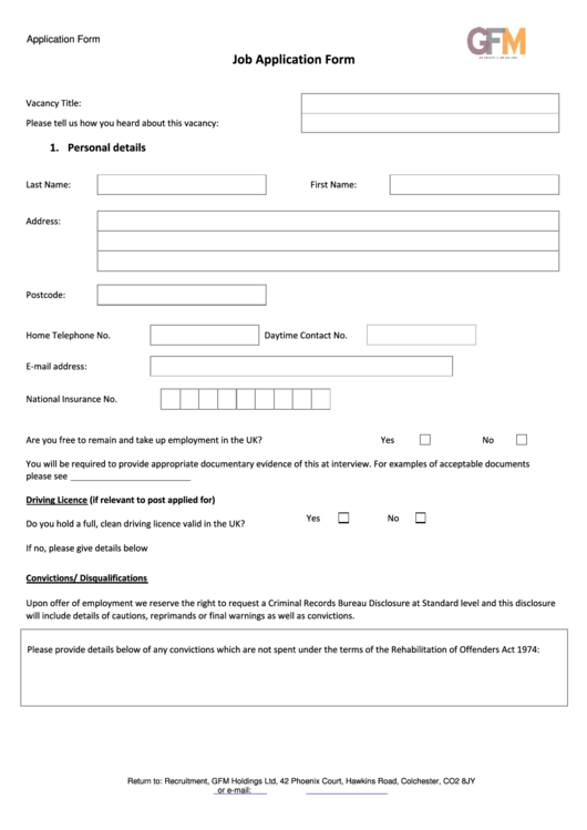 Job Application Form - Gfm Printable pdf