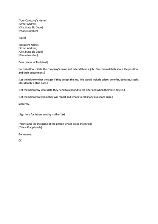 Employment Offer Letter Printable pdf