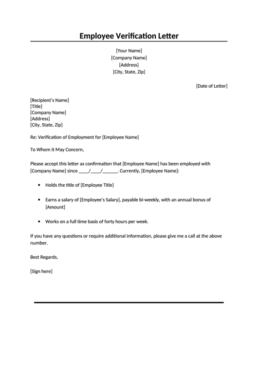 Employee Verification Letter Template Printable pdf