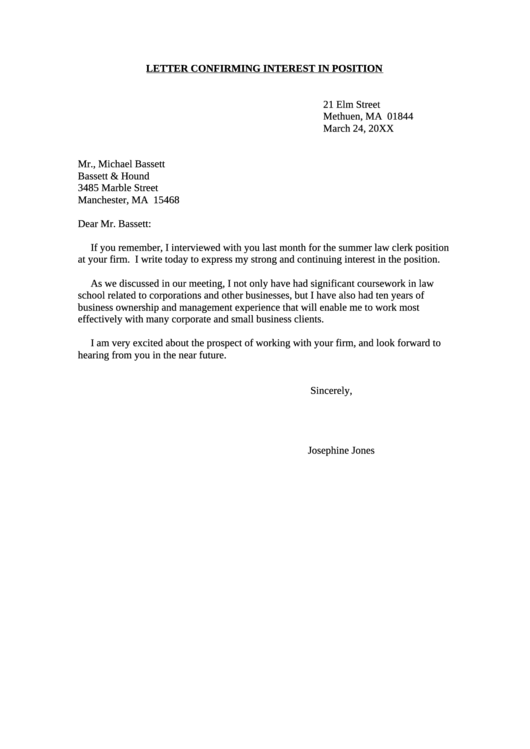 Letter Confirming Interest In Position Printable pdf