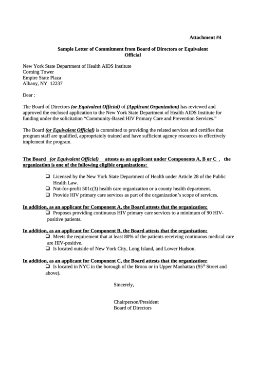 Sample Letter Of Commitment From Board Of Directors Or Equivalent Printable pdf