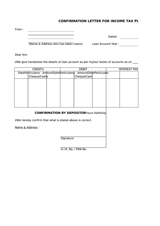 Confirmation Letter Template For Income Tax Purpose Printable pdf