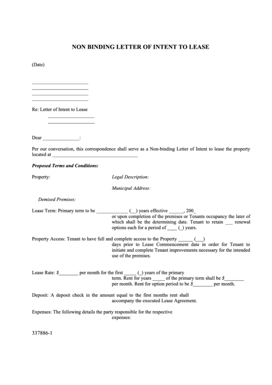Non Binding Letter Of Intent To Lease Printable pdf