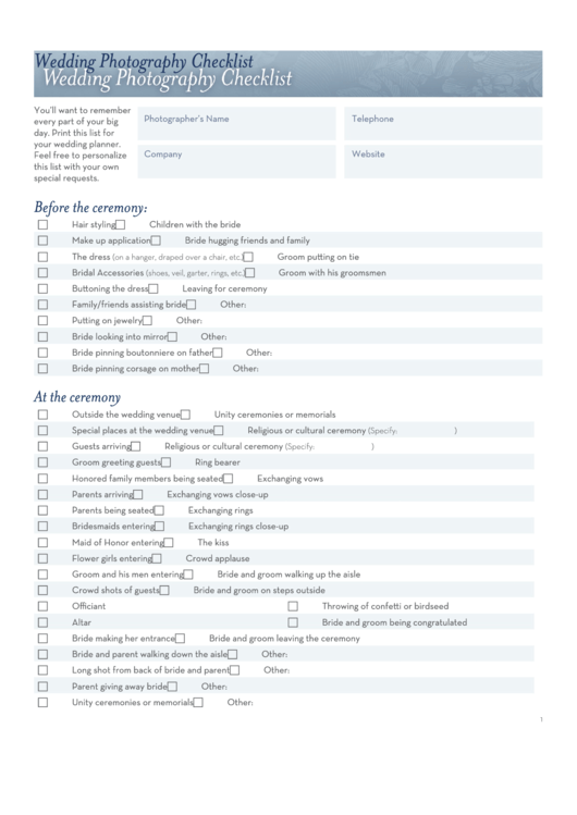 Wedding Photography Checklist Printable pdf