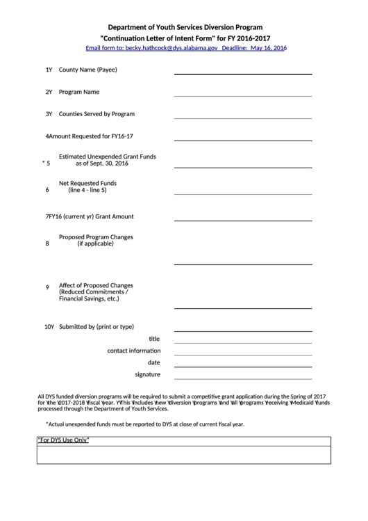 Contnuaton Leter Of Intent Form Youth Services Printable pdf