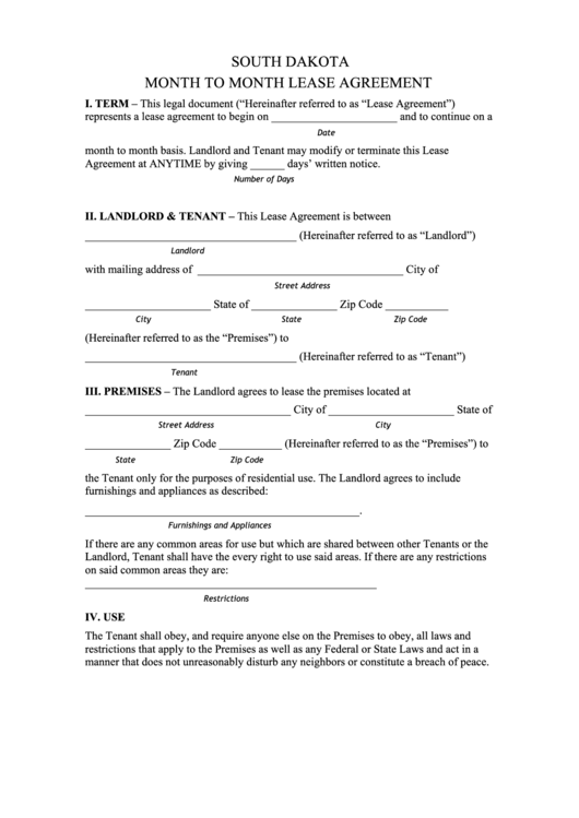 Fillable South Dakota Month To Month Lease Agreement Template Printable pdf