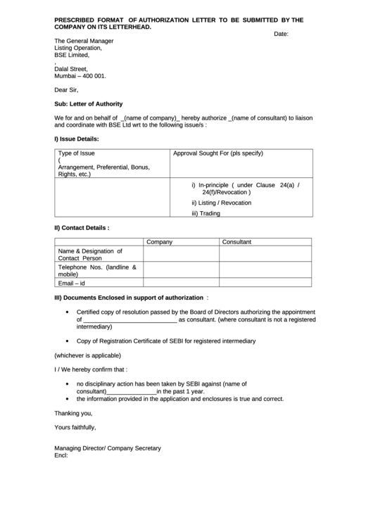 Format Of Authorization Letter printable pdf download