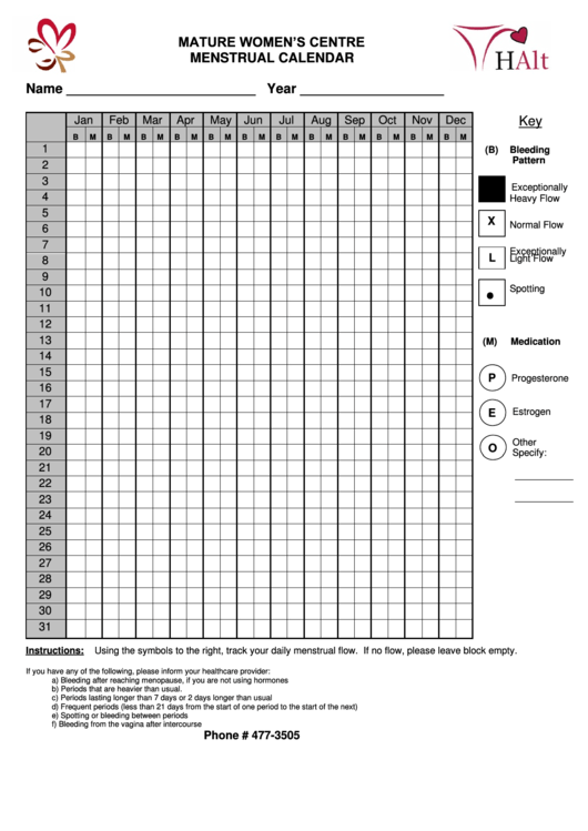 Menstrual Calendar Printable pdf