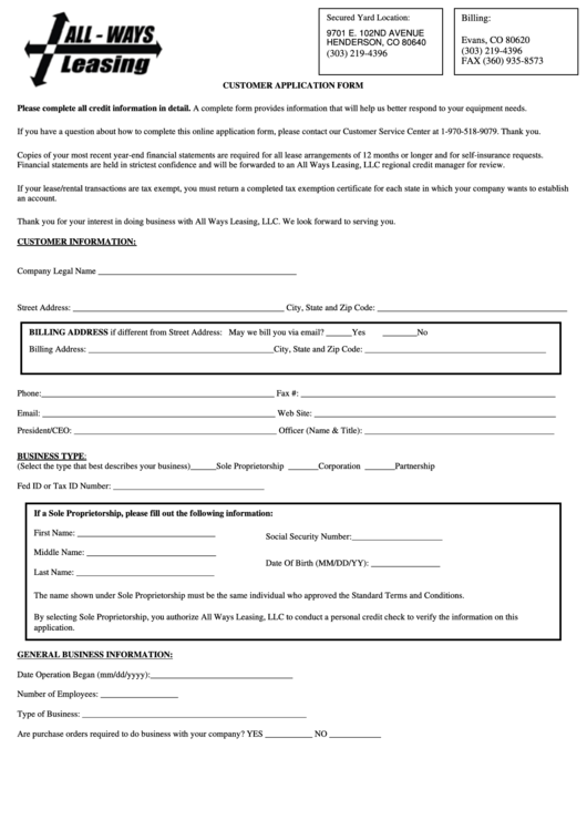 Customer Application Form Printable pdf