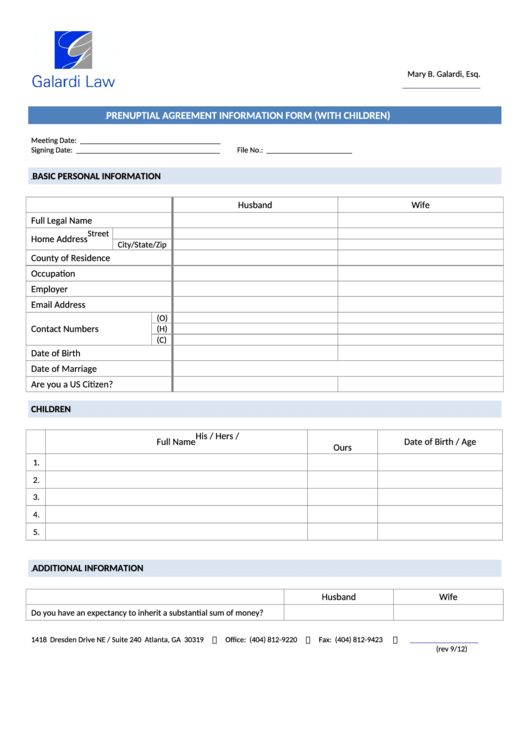 Prenuptial Agreement Information Form (With Children) - Galardi Law Printable pdf