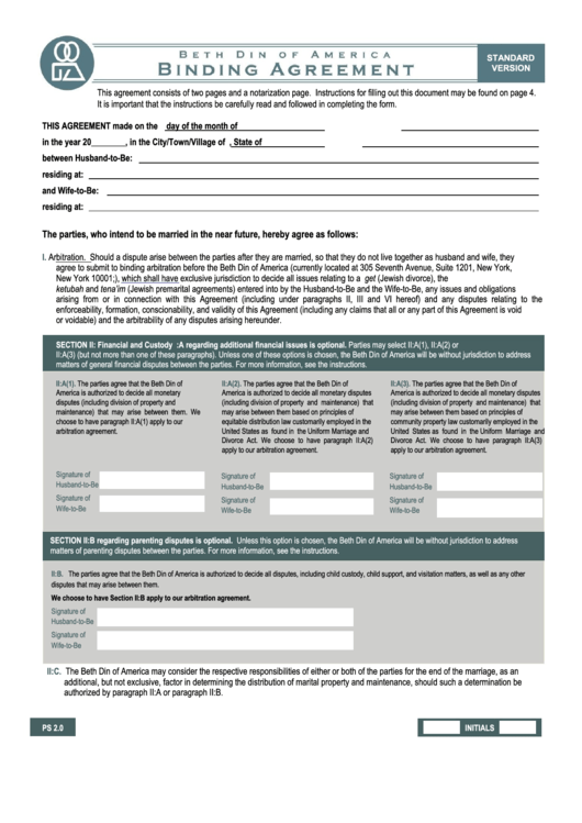 Prenuptial Binding Agreement Template - Standard Version Printable pdf