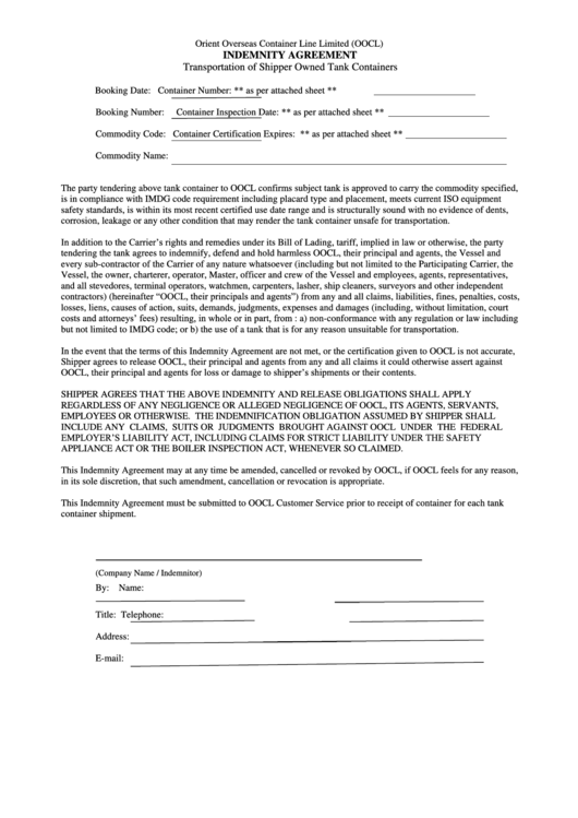 Indemnity Agreement Form For Tank Containers Printable pdf