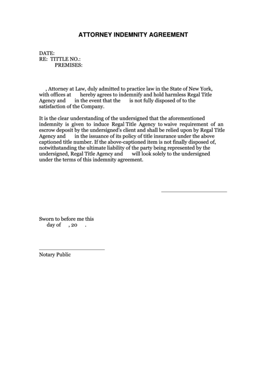 Attorney Indemnity Agreement Printable pdf