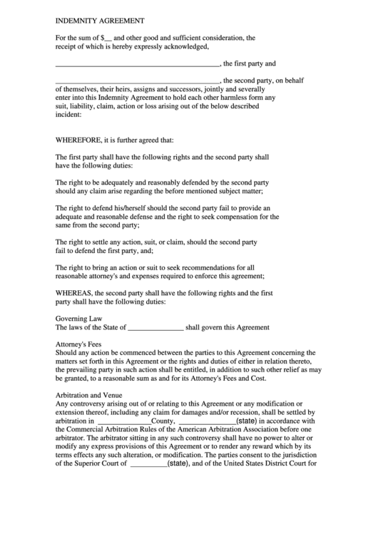 Indemnity Agreement Form Printable pdf