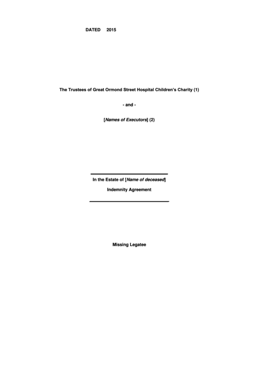 Indemnity Agreement In The Estate Of Deceased Printable pdf