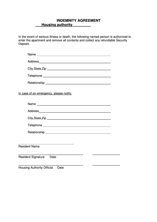 Housing Authority Indemnity Agreement Printable pdf