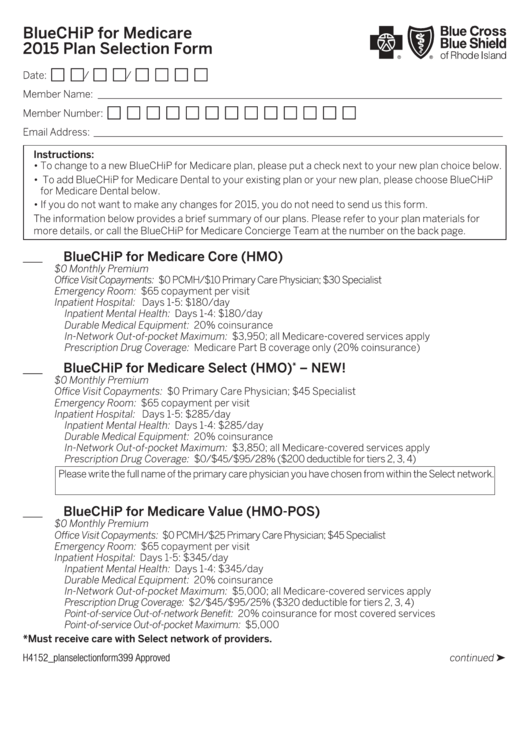 Bluechip For Medicare 2015 Plan Selection Form Printable pdf